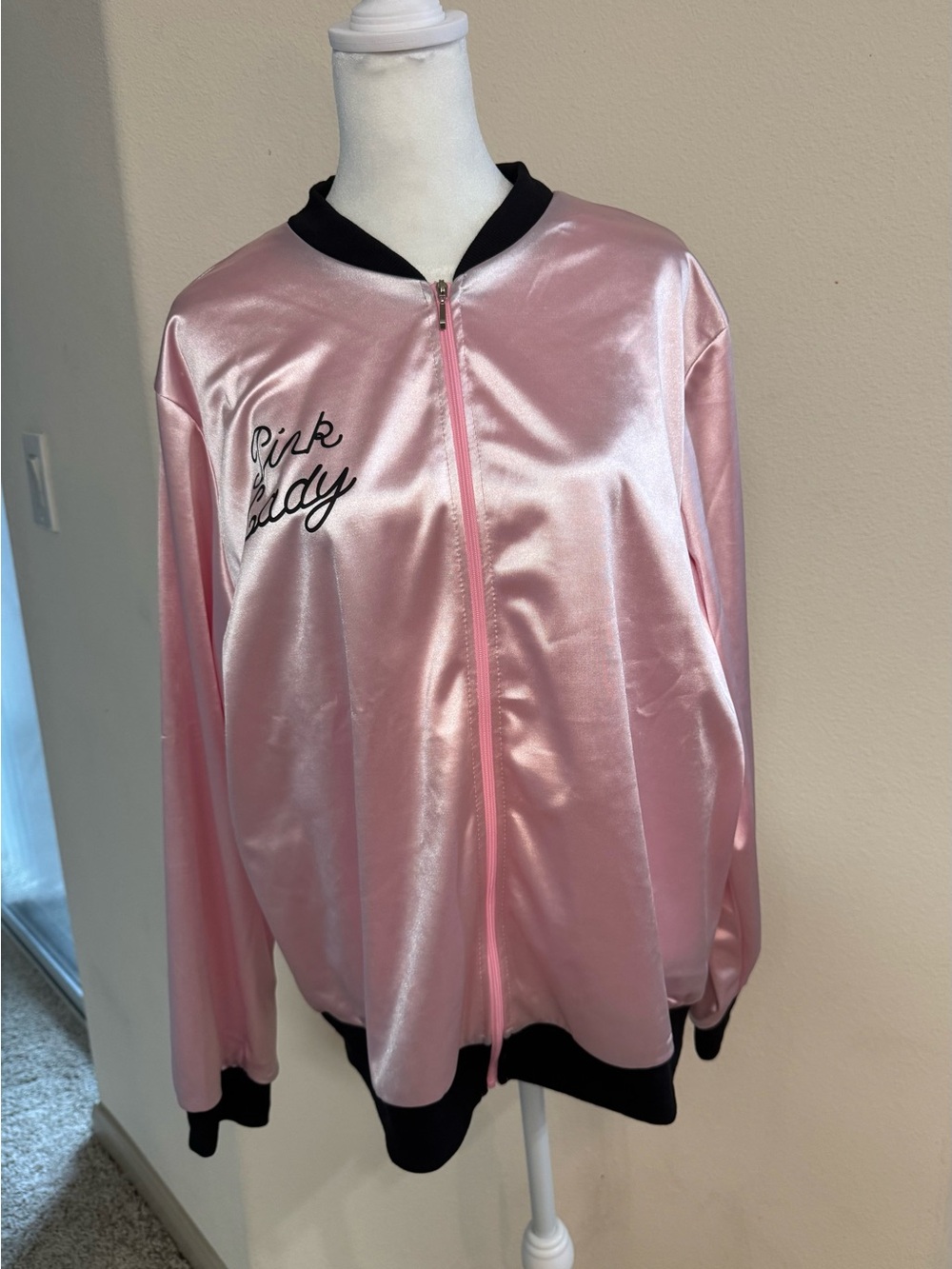 Pink Satin Bomber Jacket with 'Pink Lady' Embroidery